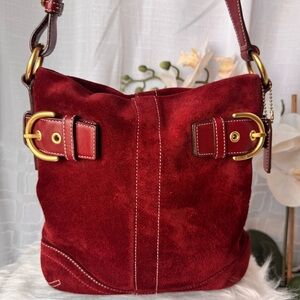 Coach Red Suede Hobo Bag with Gold Accents
